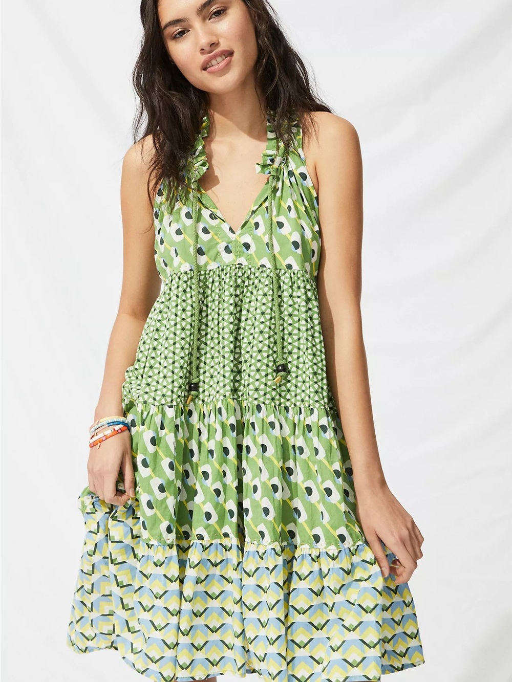 Ro’s Garden Green Patterned Tiered Halter Sundress